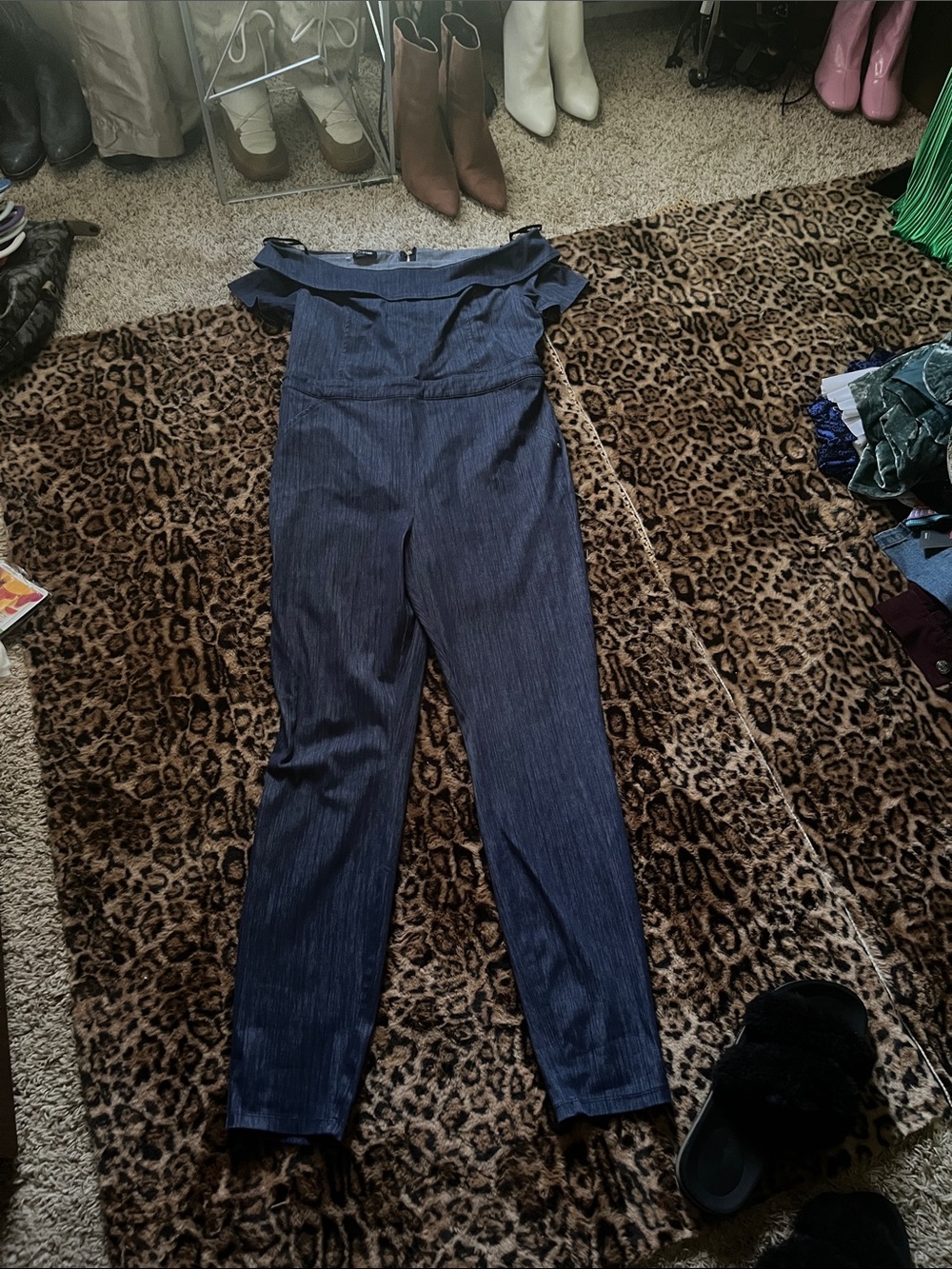 bebe Off-Shoulder Dark Blue Jumpsuit